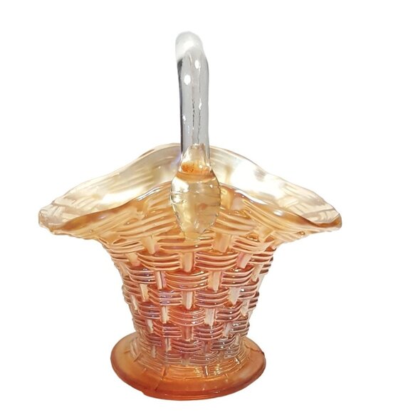 Carnival Glass Basket Candy Dish Basketweave Applied Clear Handle 6" - Picture 5 of 10